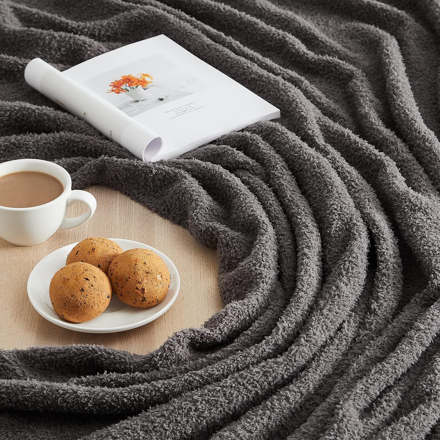 CYMULA Knit Throw Blanket for Couch Dark Grey-Super Soft Lightweight Plush Fuzzy Fluffy Cozy