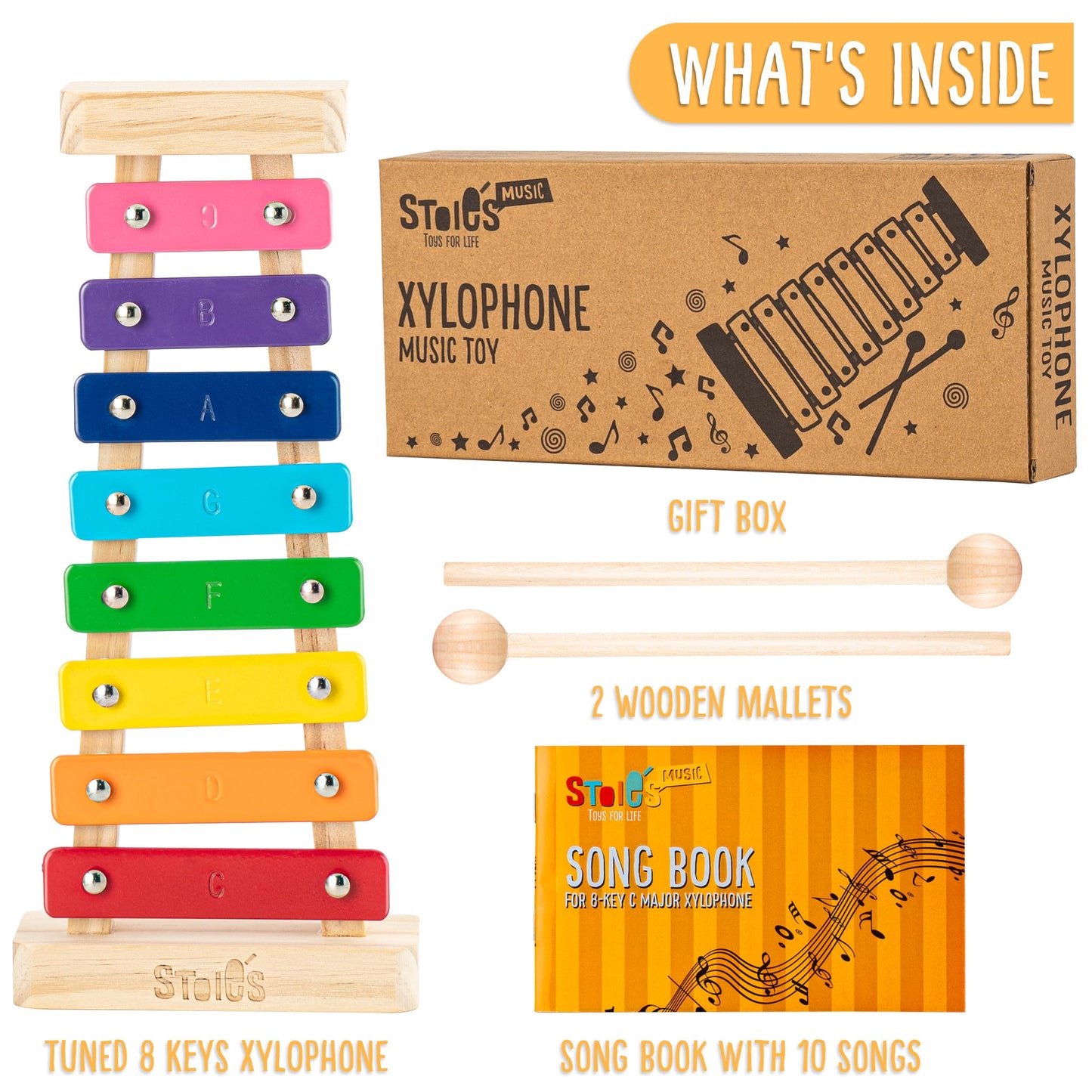 Stoie's Wooden Xylophone for Kids and Toddlers, Kid-Friendly Design, 8 Notes of Rainbow Color