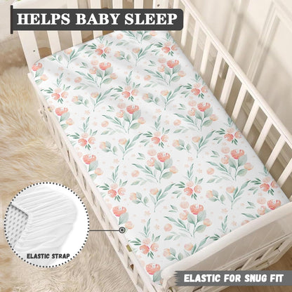 Floral Botanical Pattern Fitted Crib Sheet Pink Flower Baby Crib Sheet Fit Standard Crib and Toddler Mattress,Crib Mattress Sheets for Boys Girls 28"x52"