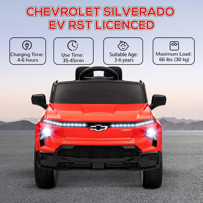 Qaba 12V Kids Ride on Truck, Chevrolet Silverado EV RST Licensed Electric Car with Parent Remote Control, Back Storage, Spring Suspension, Soft Start, Auxiliary Wheels, LED Lights, Music, MP3, Red