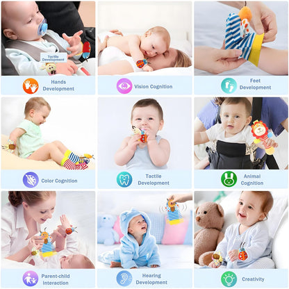 BLOOBLOOMAX Wrist Rattles Foot Finder Rattle Toy for 0-4 Months Baby, Feet Leg Ankle Socks Arm Hand Bracelet Shaker for 4-8 Months Infant boy & Girl, Gift Set for 0-1 Years Newborn Babies (5 pcs-B)