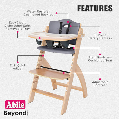 Abiie Beyond Junior Wooden High Chair with Tray - Adjustable and Convertible High Chair for Babies