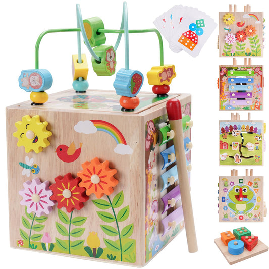 Wooden Activity Cube | Montessori Toys for 1 2 3 Year Old Toddler Gifts