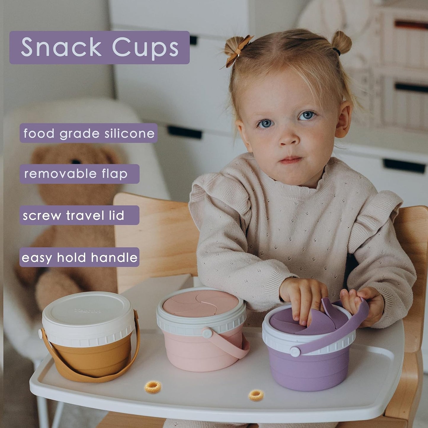 No Spill Silicone Toddler Snack Containers, Detachable Silicone Flap for Filling&Cleaning