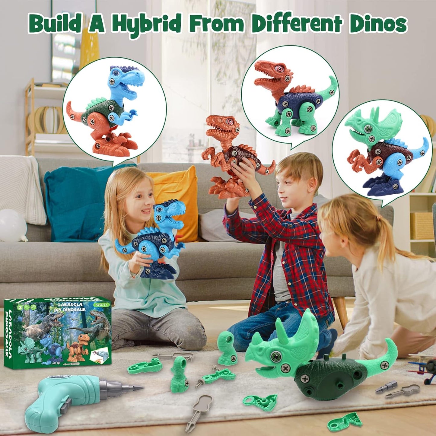 Laradola Dinosaur Toys for 3 4 5 6 7 8 Year Old Boys, Take Apart Dinosaur Toys for Kids 3-5 5-7 STEM Construction Building Kids Toy with Electric Drill, Party Christmas Birthday Gifts Boys Girls