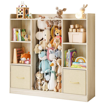 EXPERLAM 4-in-1 Toy Storage Organizer with Stuffed Animal Storage, Solid Pine Kids Bookshelf and