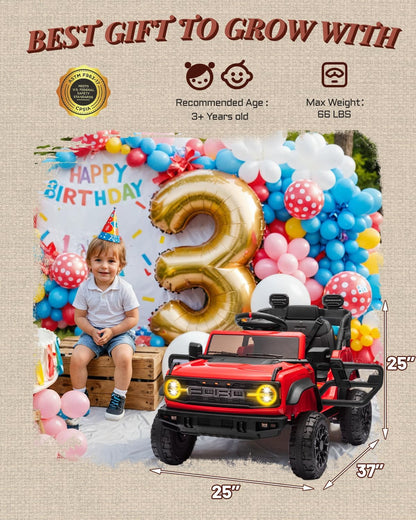 Ford Bronco Raptor Licensed 12V Ride on Toys, Kids Ride on Car with Remote Control, Electric Car for Toddler with Smooth Start, Openable Doors, MP3 Player, 3 Speeds (12V, Red)
