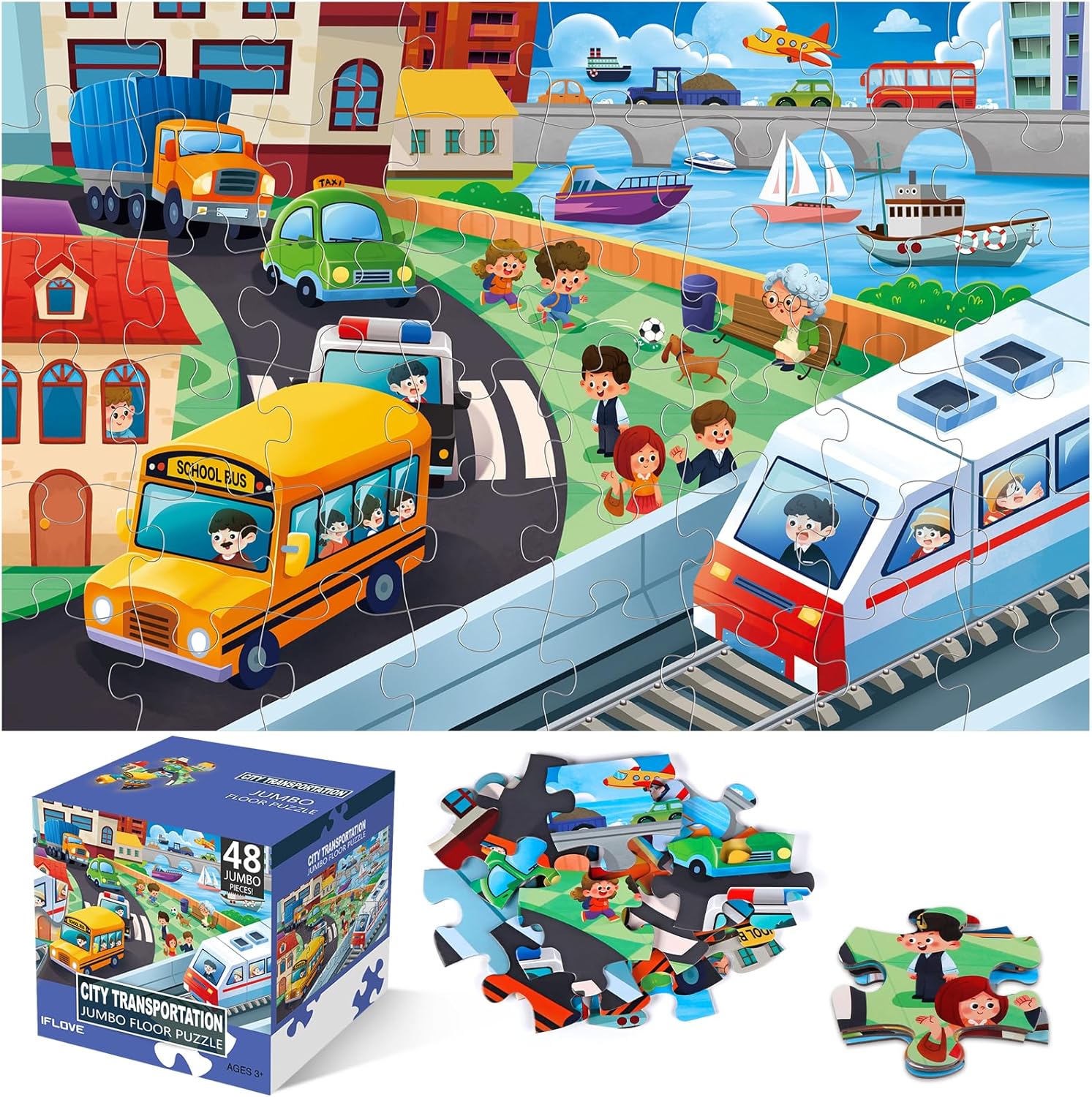 Jumbo Floor Puzzle for Kids,City Transportation Jigsaw Large Puzzles,48 Piece City Life Vehicle