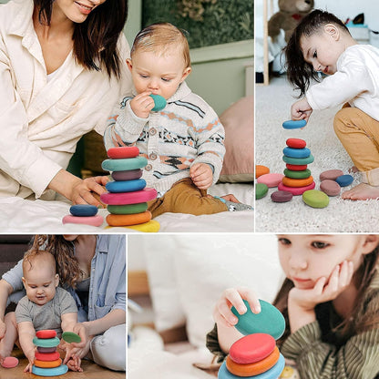 OESSUF 16pcs Extra-Large Wooden Sorting Stacking Rocks - Safe Montessori Toys for 1-3 Year Old, Waldorf Wooden Blocks for Toddlers 1-3, Smooth Stacking Stones for Toddlers, for Kids