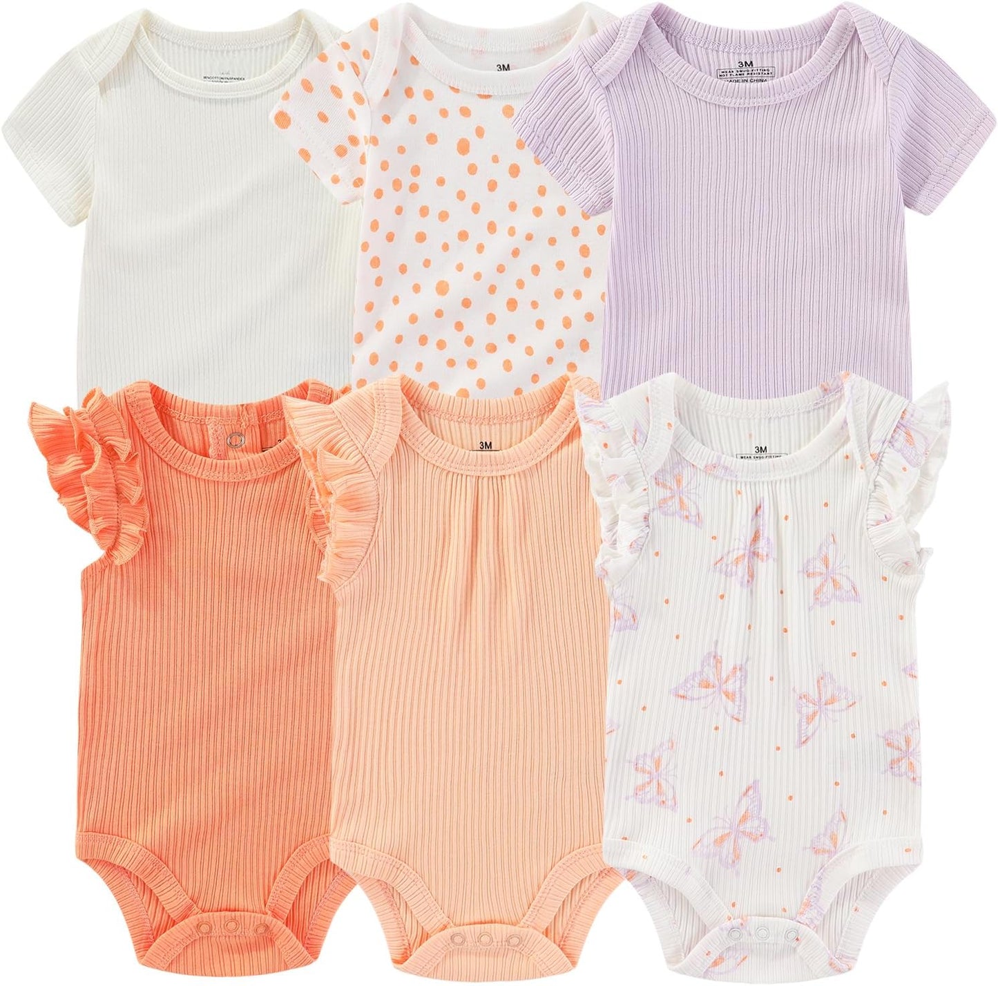 Baby Bodysuit 6 Pack Soft Mixed Ribbed Short Sleeve Romper Infant Boy Girl Clothes Set