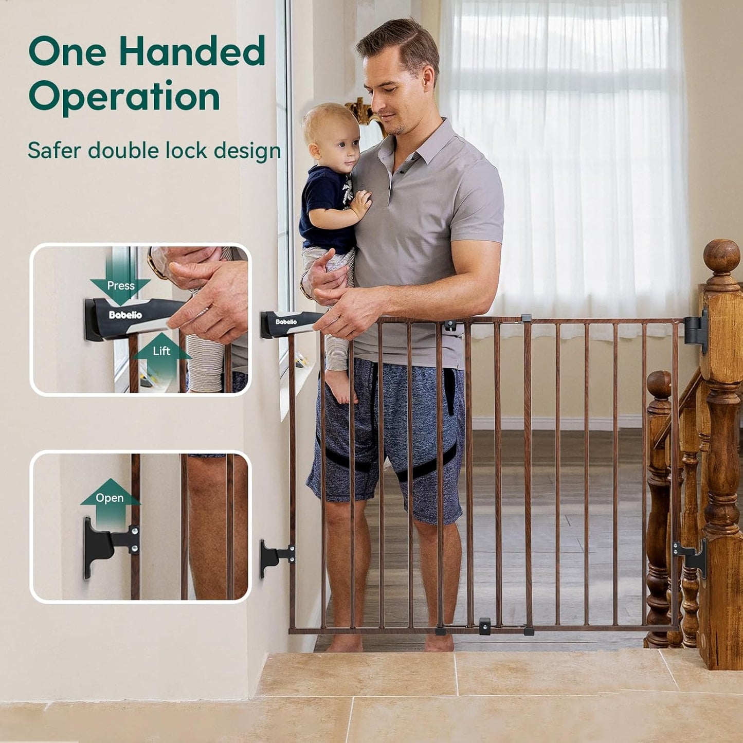 Babelio 26-43" No Bottom Bar Baby Gate for Babies, Elders and Pets, 2-in-1 Hardware Mount Dog Gate for The House, Stairs and Doorways, with Large Walk Thru Door, Black Wood Pattern