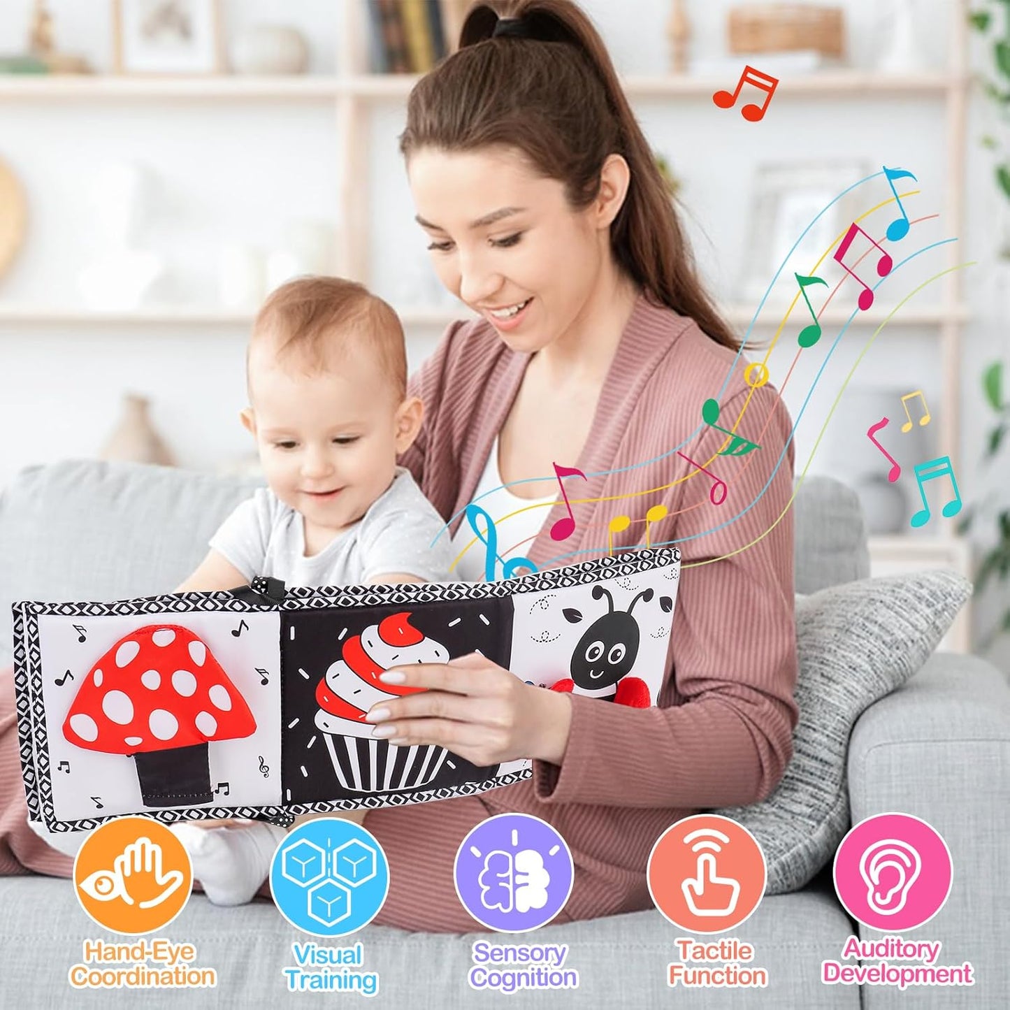 Black and White High Contrast Toys for Baby 0-3 3-6 Months Infant Tummy Time Soft Book Sensory Musical Toy 0-2-4-6 Month Babies Brain Development Montessori Crinkle Book Mirror Newborn Shower Gifts