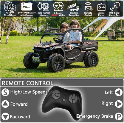 sopbost 24V 10Ah Ride On Toys for Big Kids to Drive 2 Seater Ride On Car with Remote Control Battery Powered Side by Side UTV with Large Dump Bed, 4x75W Motors, Camouflage Black