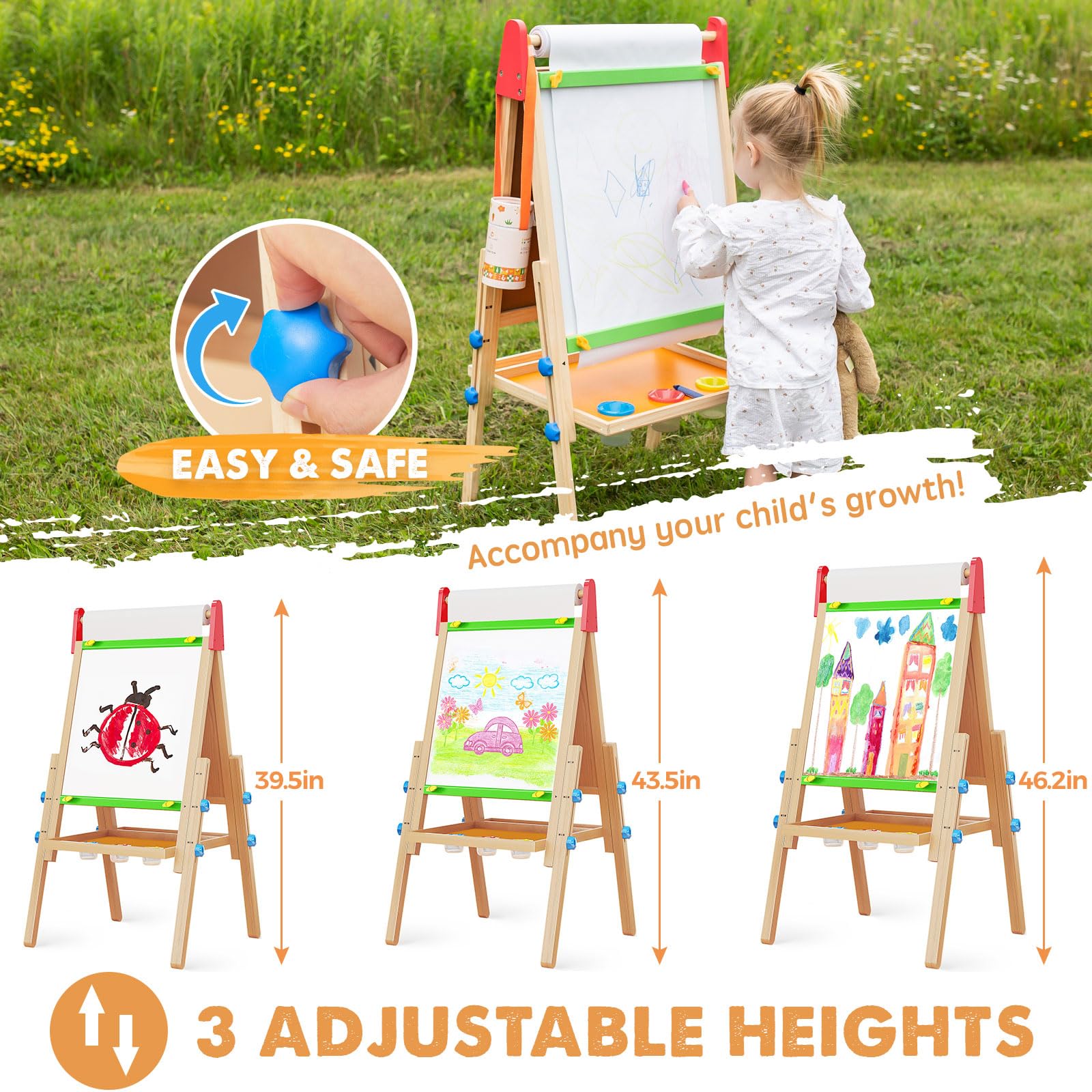 Tiny Land Wooden Easel for Kids, Art Easel with Chalkboard & Whiteboard
