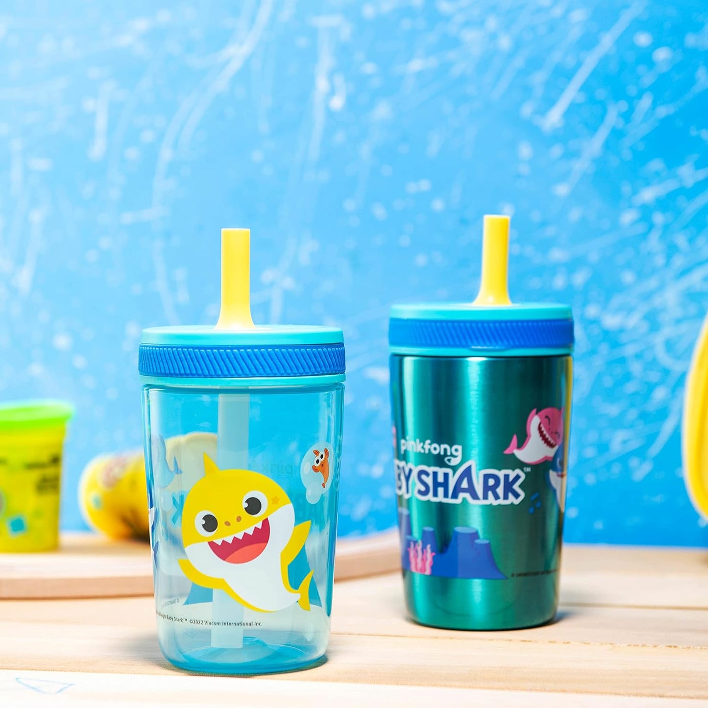 Zak Designs Baby Shark Kelso Tumbler Set, Leak-Proof Screw-On Lid with Straw, Bundle for Kids