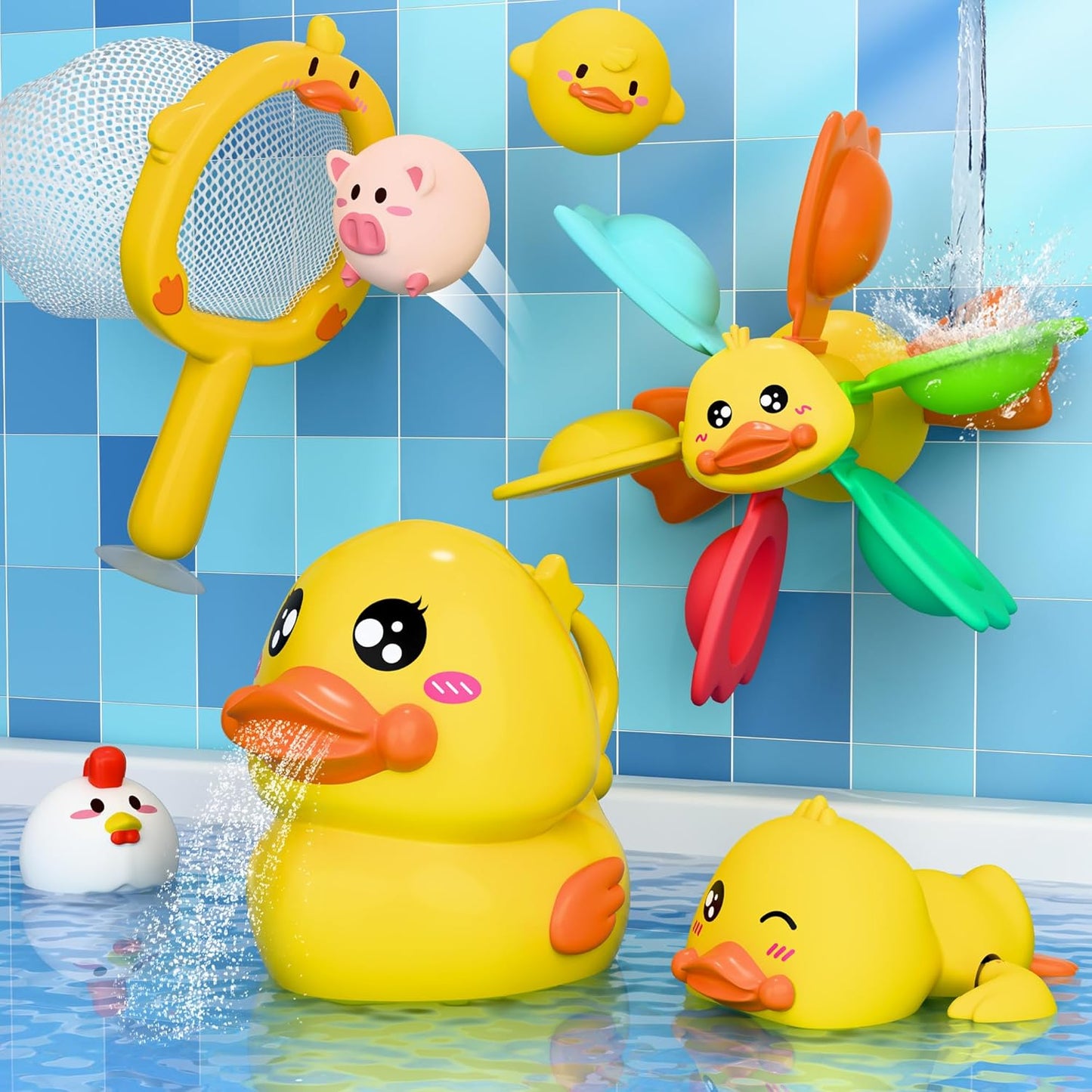 iPlay, iLearn Baby Duck Bath Toy, Toddler Bathtub Suction Water Spinner Gear, Kid Shower Fishing