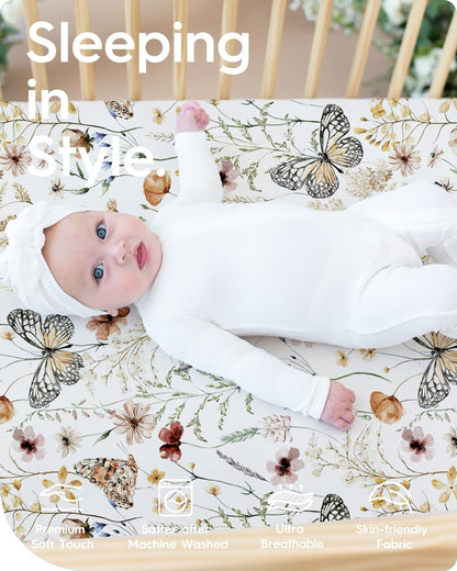 Crib Sheets for Boy Girl, Premium Soft Butterfly Crib Mattress Fitted Sheet, Ultra Breathable Baby Sheets, Super Stretchy Baby Bed Sheets 28''x52''x9'' Extra Deep Pocket, 2 Pack