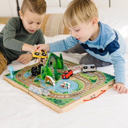 Melissa & Doug Take-Along Railroad Tabletop Playset with Wooden Train Toys, Animals & Scenery Play