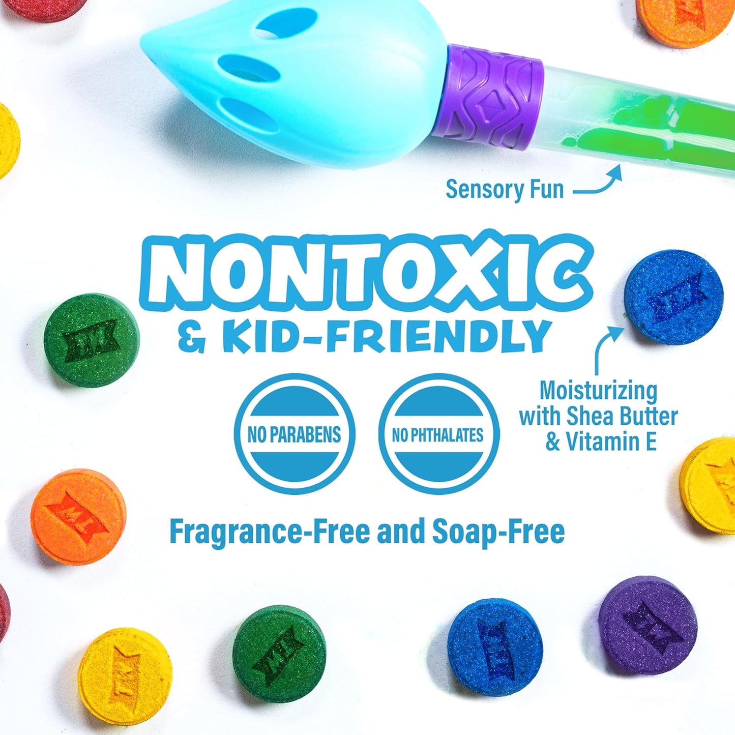 Tub Works® Bath Color Brush™ Kids Bath Bomb Set | Nontoxic & Fragrance-Free | Use Brush to Paint