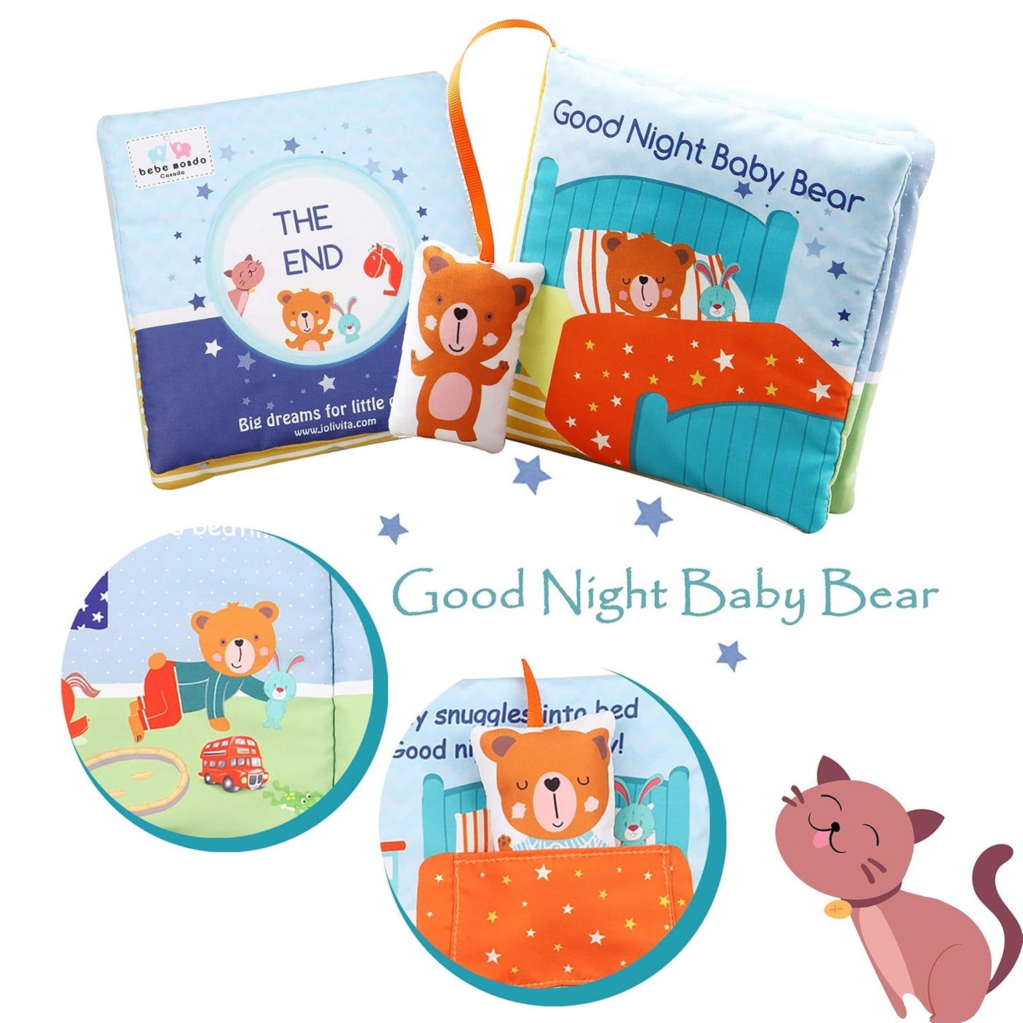 Teddy Bear Baby Book Activity Quiet Cloth Soft Books Developmental Toys Interactive Baby Books for Babies Toddlers Infants, Tummy Time Mirror Toy Gifts for Boys Girl, Goodnight W Box