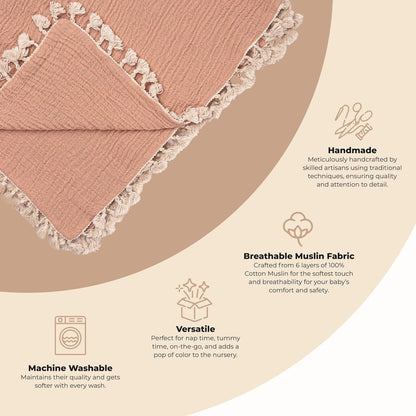 Crane Baby 6-Layer Quilt Muslin Swaddle Blanket, Soft Cotton Lightweight Nursery and Stroller Blanket for Baby Boys & Girls, Copper, 30 X 40