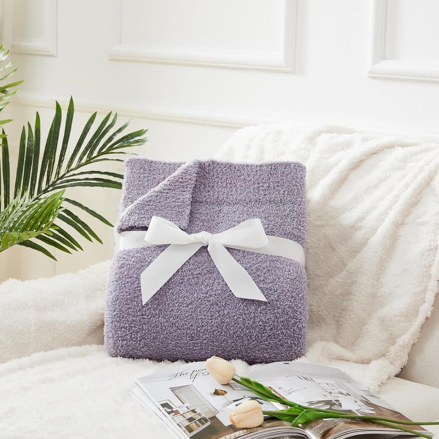 CYMULA Knit Throw Blanket for Couch Purple - Super Soft Lightweight Plush Fuzzy Fluffy Cozy