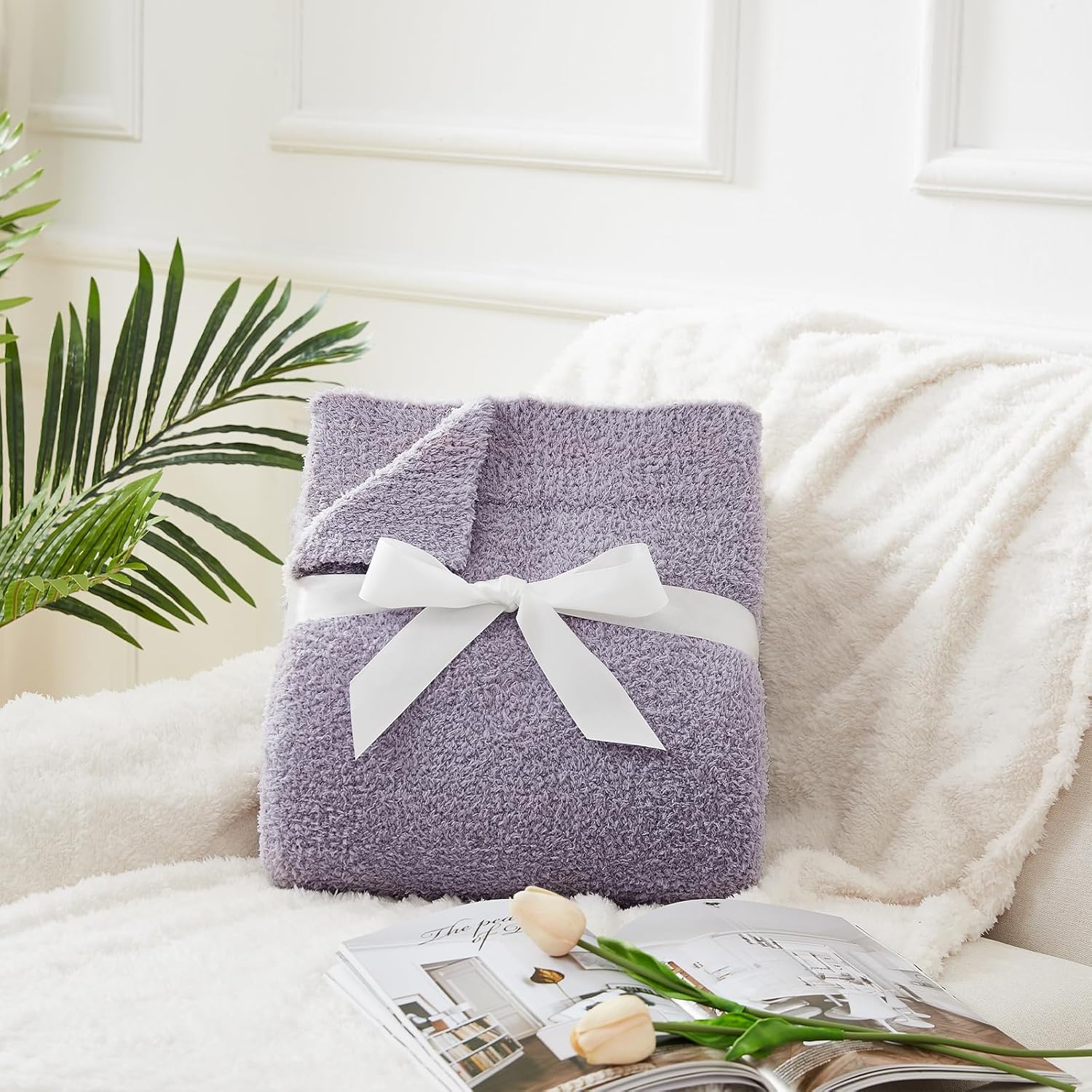 CYMULA Knit Throw Blanket for Couch Purple - Super Soft Lightweight Plush Fuzzy Fluffy Cozy