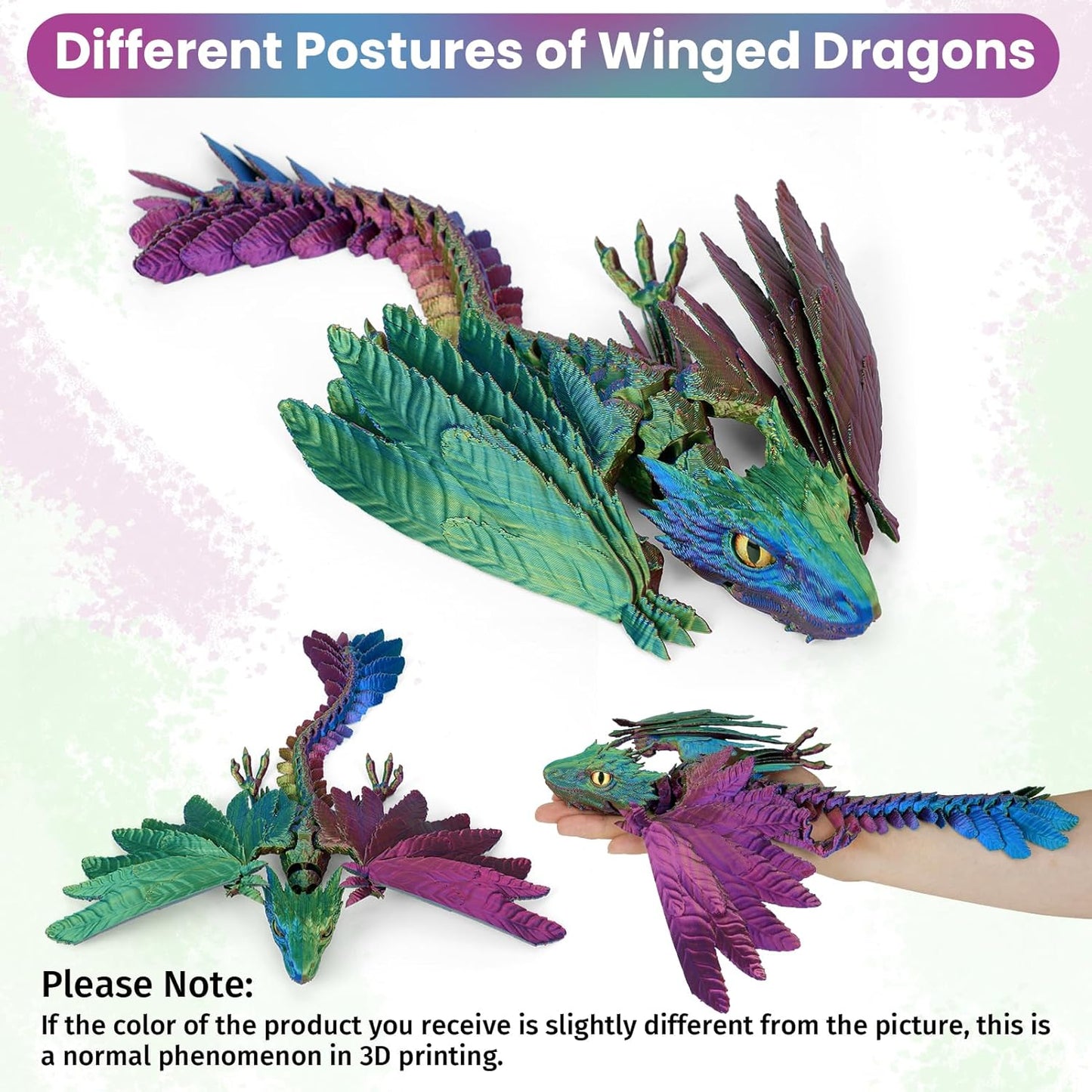 3D Printed Dragon with Wings,3D Printed Animals Toy,3D Printed Flexible Dragons,Crystal Dragon Fidget Toys,Full Articulated Dragon Crystal Dragon (Red Yellow and Blue)