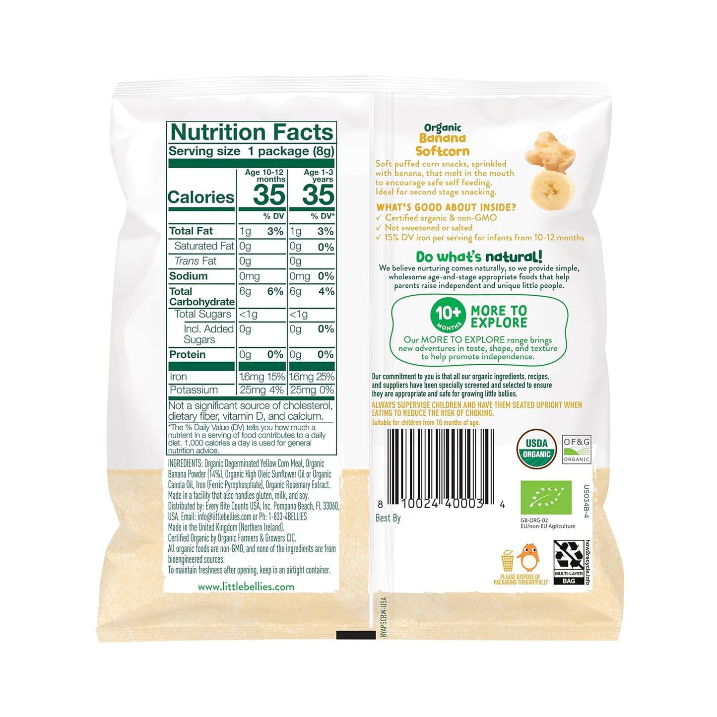 Little Bellies Organic Banana Softcorn Baby Snack (Pack of 18 x 0.28 oz Individual Packs)