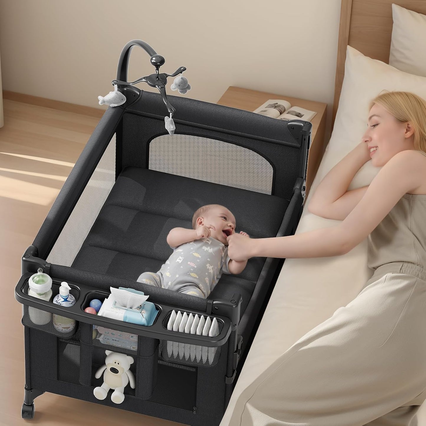 4 in 1 Baby Bassinet, Pack and Play, Bedside Crib Sleeper, Diaper Changer, Quickly Assembled and Folded Portable Crib with Mattress and Mosquito Net, Easy to Carry