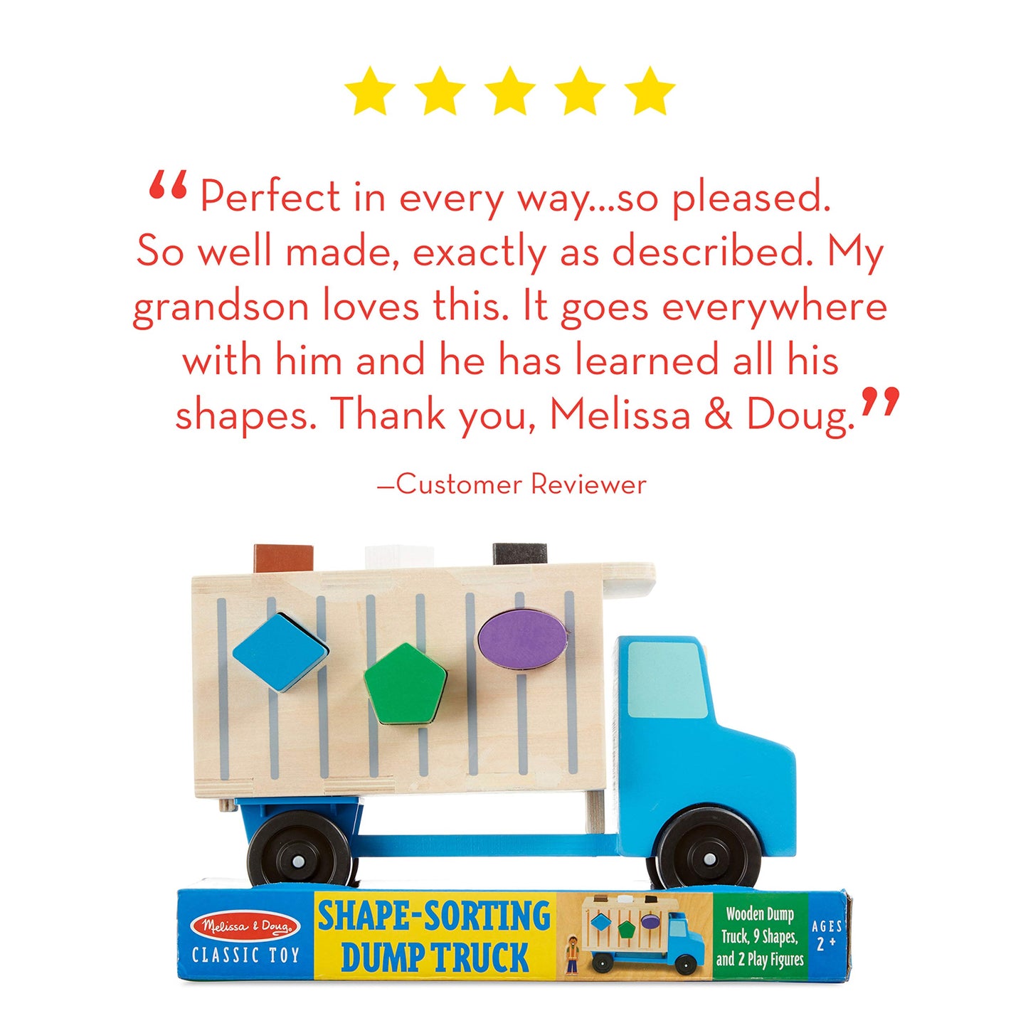 Melissa & Doug Shape-Sorting Dump Truck Wooden Toy with 9 Blocks and 2 Toy Figures - Montessori