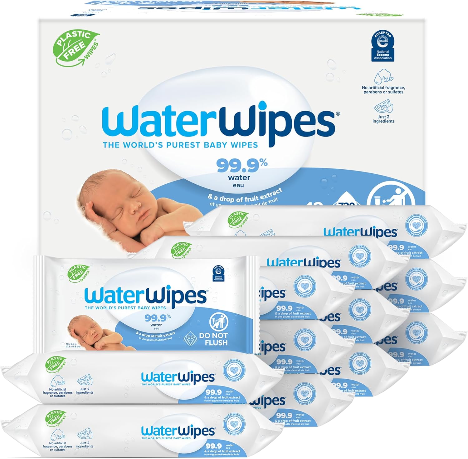 WaterWipes Sensitive+ Newborn & Baby Wipes, 3-In-1 Cleans, Cares, Protects, 99.9% Water, Unscented