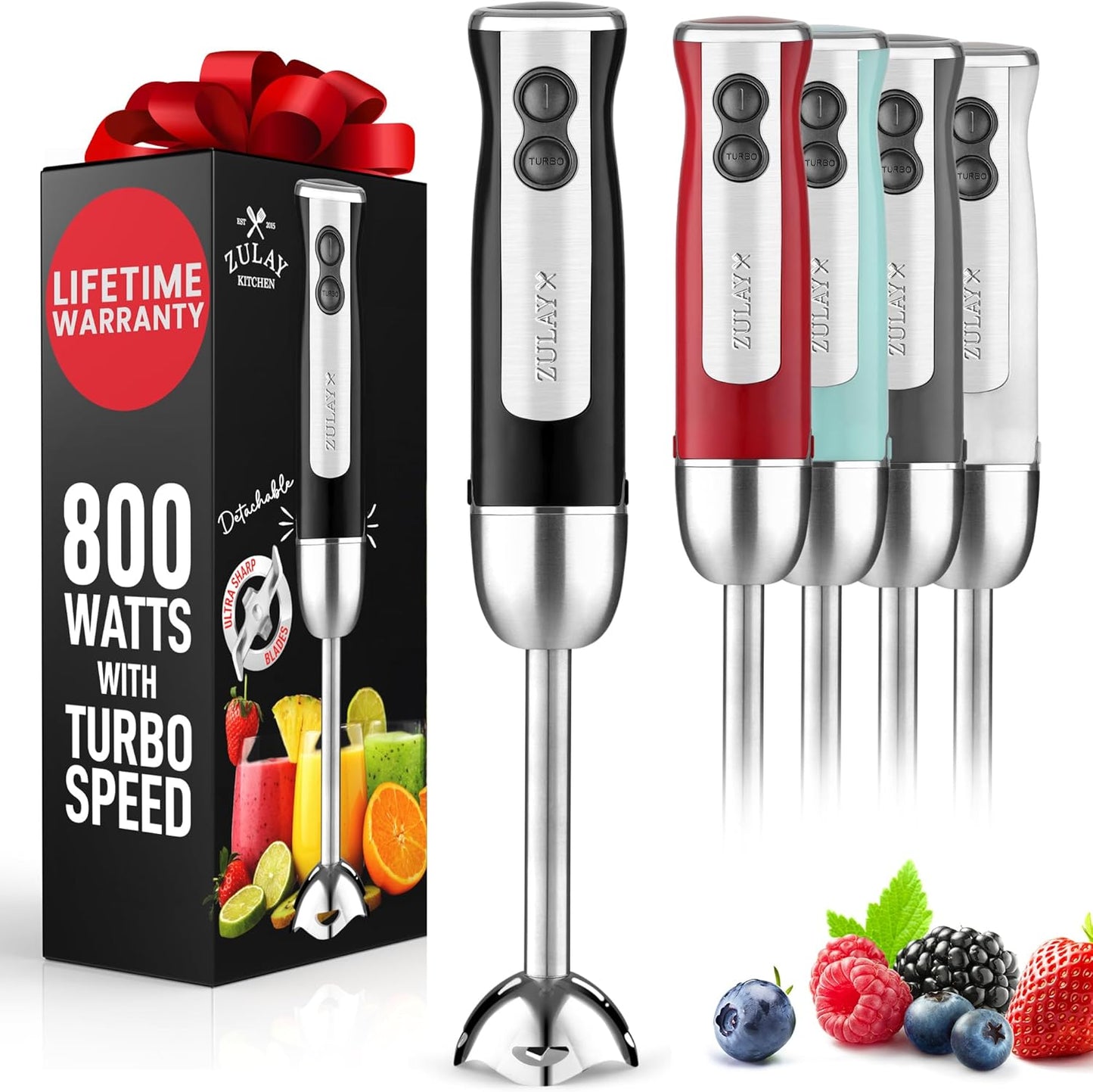 Zulay Immersion Stick Mixer Hand Blender - 800 Watts, Turbo Mode, 5-ft Power Electric Cord