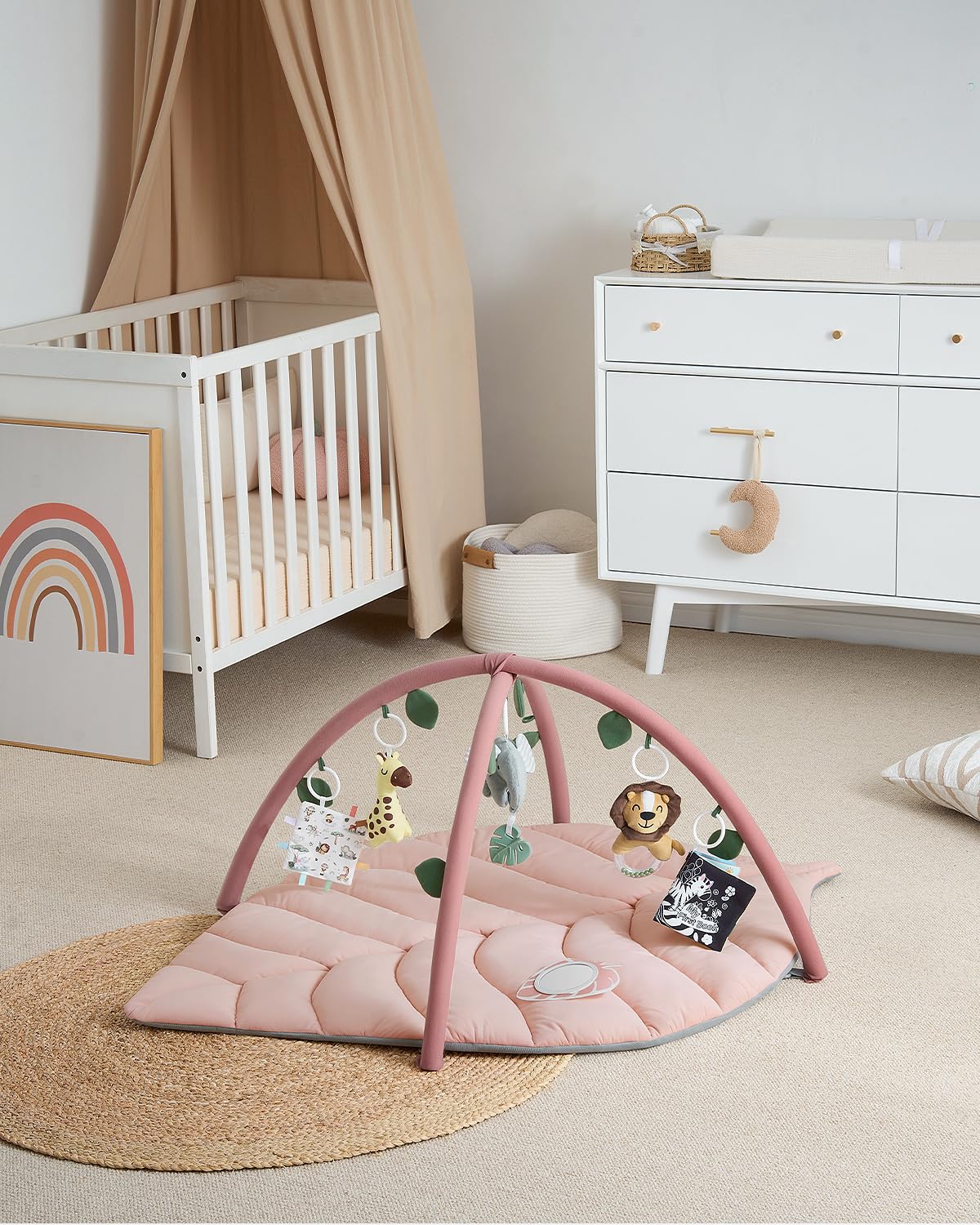 Blissful Diary Baby Play Gym & Activity Mat, Oversize Leaf Shaped Tummy Time Baby Play Mat w 6 Detachable Toys Promotes Motor Skills & Sensory Development, Newborn Infant Essentials Gift, Crystal Pink