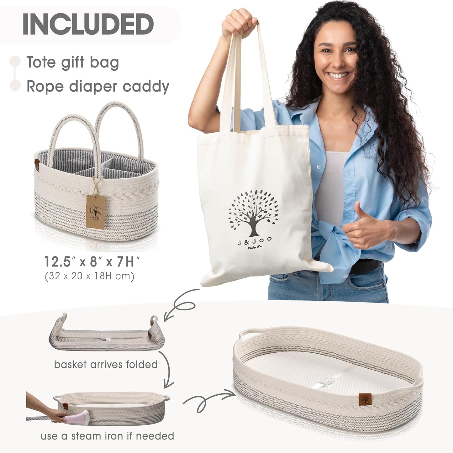 Baby Changing Basket Includes Diaper Caddy - Breathable & Waterproof Dual-Cover, Portable, Changing Pad for Dresser & Changing Table, Gift for Baby Shower, Cotton Rope Basket for Baby