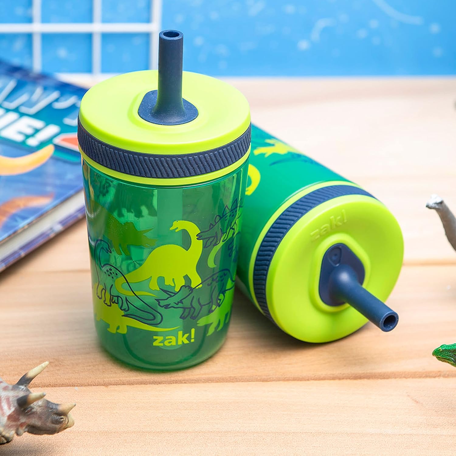 Zak Designs Dino Camo Kelso Tumbler 3pc Set, Leak-Proof Screw-On Lid with Straw, Bundle for Kids