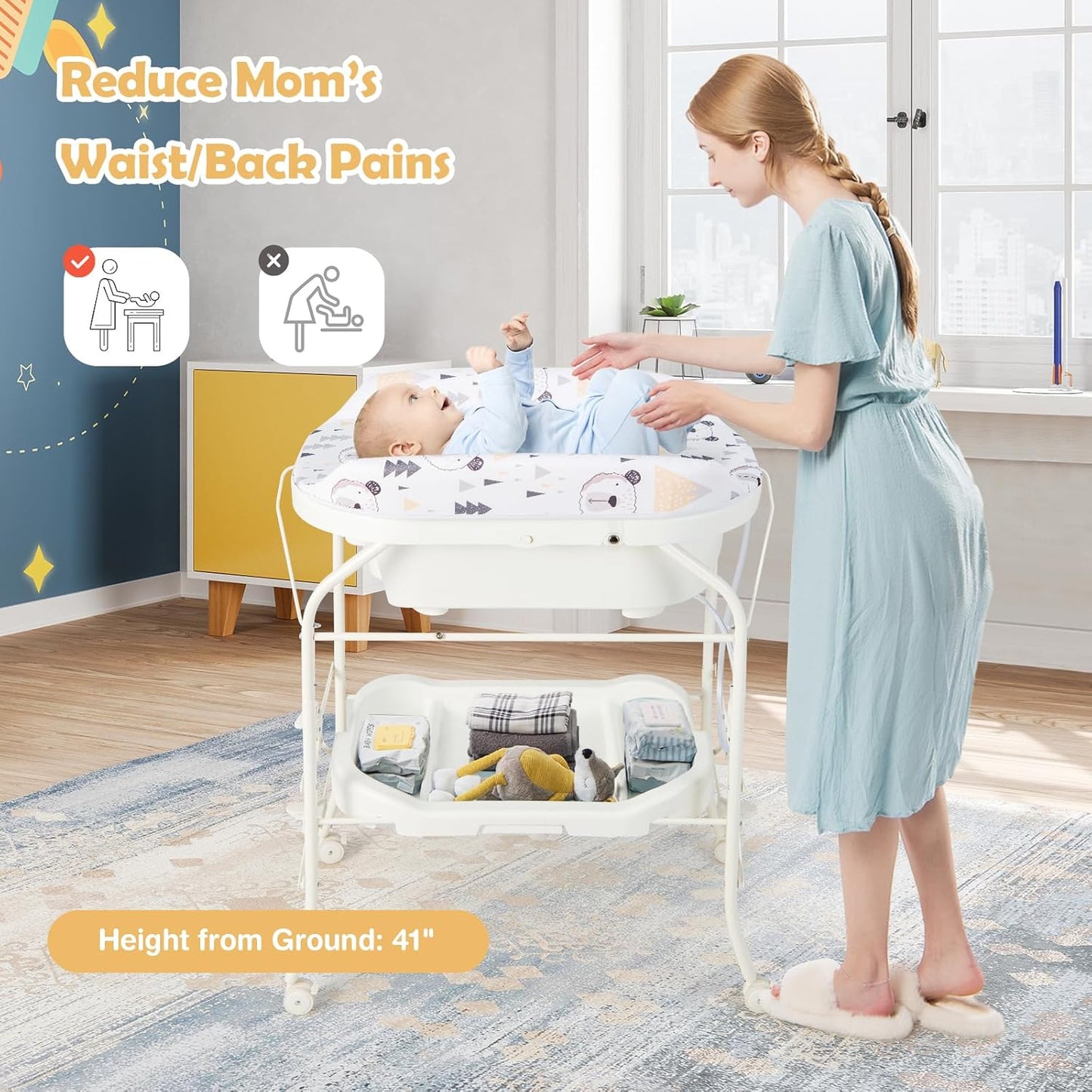 HONEY JOY Baby Changing Table with Bathtub, Foldable Infant Diaper Changing Station with Wheels