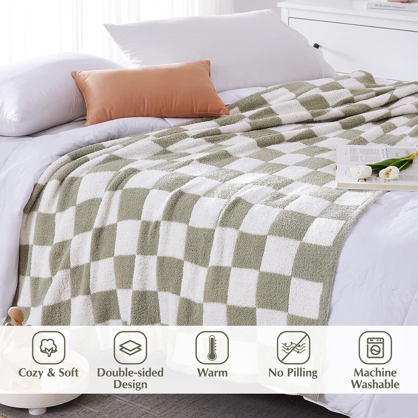 WRENSONGE Checkered Throw Blanket, Sage Green Soft Cozy Fluffy Hand Made Throw Blankets for Couch