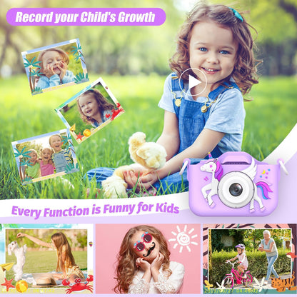 Upgrade Unicorn Kids Camera for Girls, Christmas Birthday Gift for Boys, 1080P HD Selfie Digital Video Camera for Toddlers, Cute Portable Little Girls Boys Gifts Toys for 3 4 5 6 Years Old