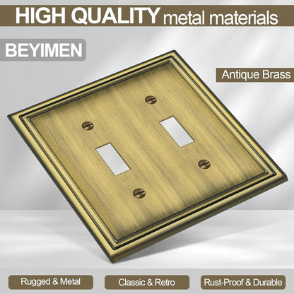 Double Toggle Light Switch Covers Plate, Metal Material 2 Gang Wall Plates for Double Light Switch, Antique Brass Decorative Switch Plate Cover - Classic Style, 3 Pack