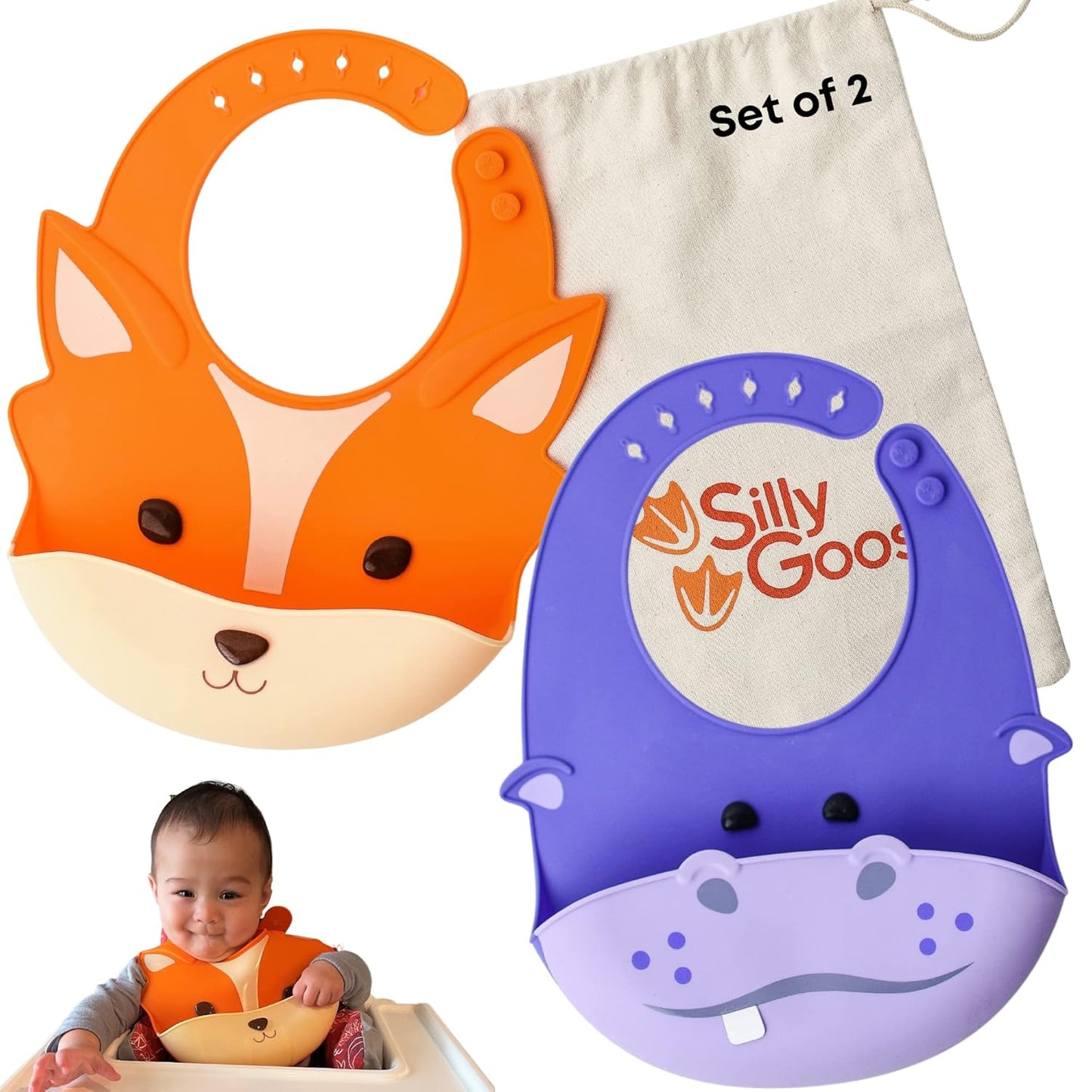 Silly Goose Set of 2 Silicone Baby Bibs, for Babies and Toddlers, Waterproof, Adjustable, Soft