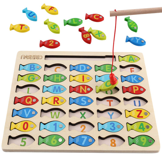 Magnetic Wooden Fishing Game Toy for Preschoolers, Alphabet Fish Catching Counting Games Puzzle