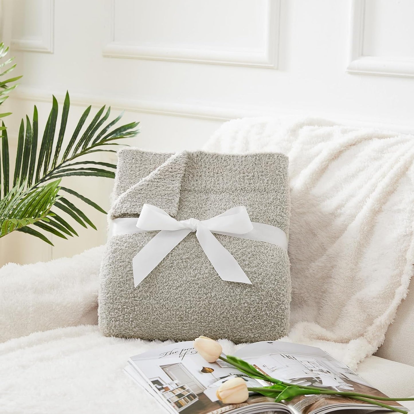 CYMULA Super Soft Knit Throw Blanket Twin Size Light Grey-Lightweight Plush Fuzzy Fluffy Warm Cozy