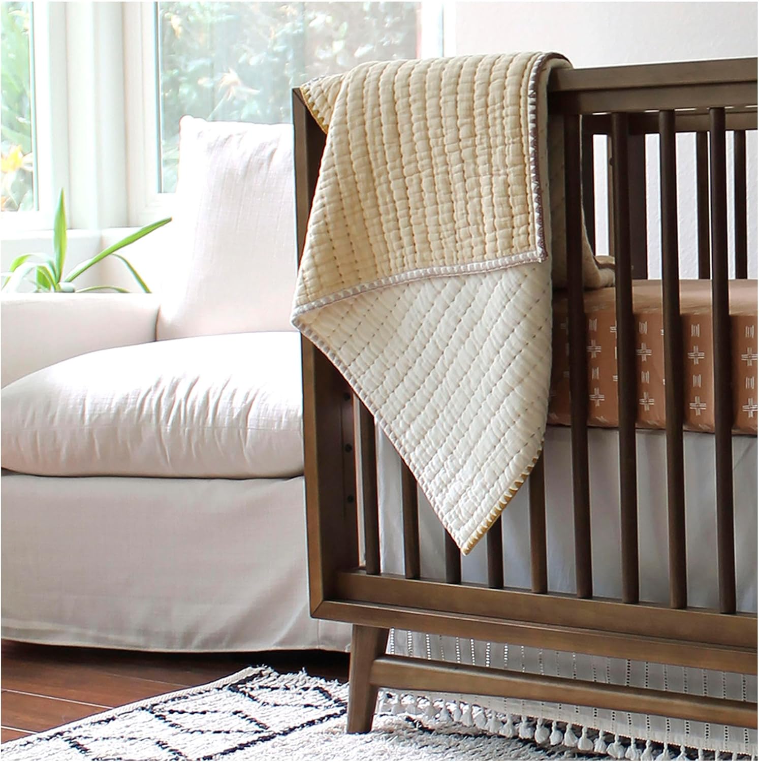 Crane Baby Blanket Quilted Cotton 36” X 36” Light Yellow Nursery Essential for Boys and Girls