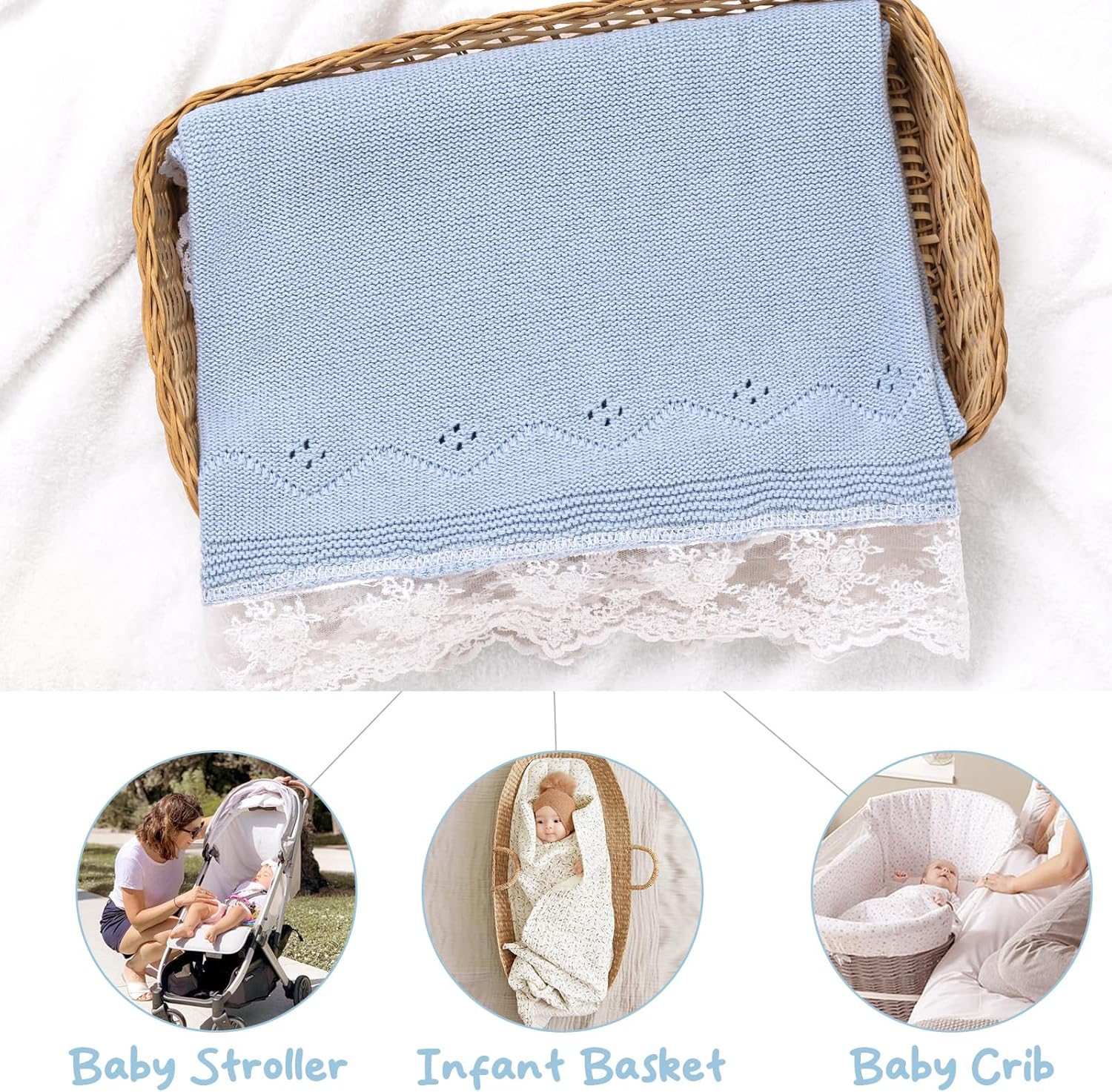 Booulfi Baby Blankets Neutral Knitted Blue Cotton Blue Baby Blanket Stroller Lace Border Crochet