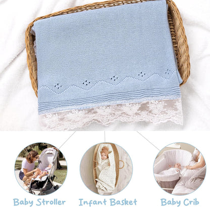 Booulfi Baby Blankets Neutral Knitted Blue Cotton Blue Baby Blanket Stroller Lace Border Crochet