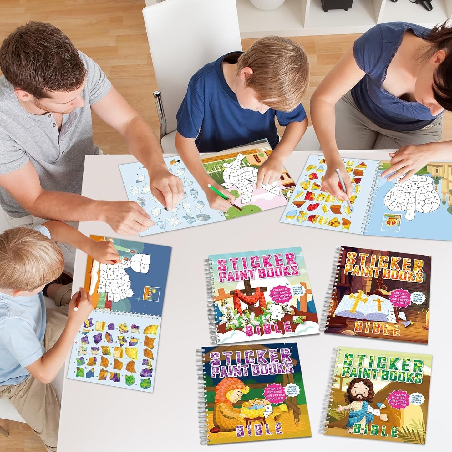 4Pcs Bible Paint by Sticker Books Sticker by Number Books Activity Book Stickers Puzzle Book Christian Craft Art Gift Set Party Favor with Jesus Bible Cross 32 Pictures