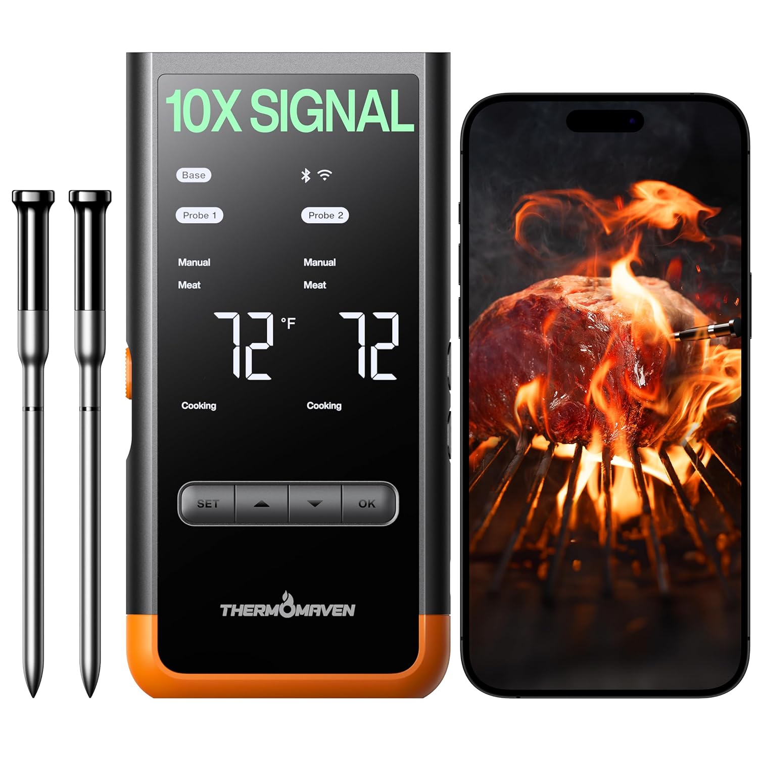 Wireless Bluetooth Smart Meat Thermometer: Standalone Base, Smart WiFi Thermometer with Sub-1G, 6