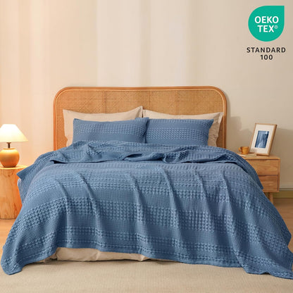 PHF 100% Cotton Waffle Weave Blanket Twin Size, Soft Lightweight Breathable Cozy Summer Blankets for Bed, Luxury Aesthetic Woven Bedding for Home Decor, 66"x90", Captain's Blue