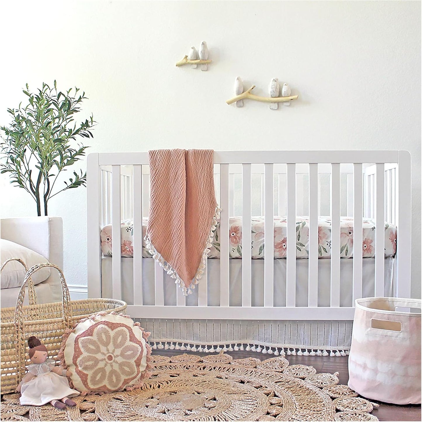 Crane Baby Floral Crib Sheets, 100% Cotton, Breathable Baby Bedding for Standard Mattress, Pink